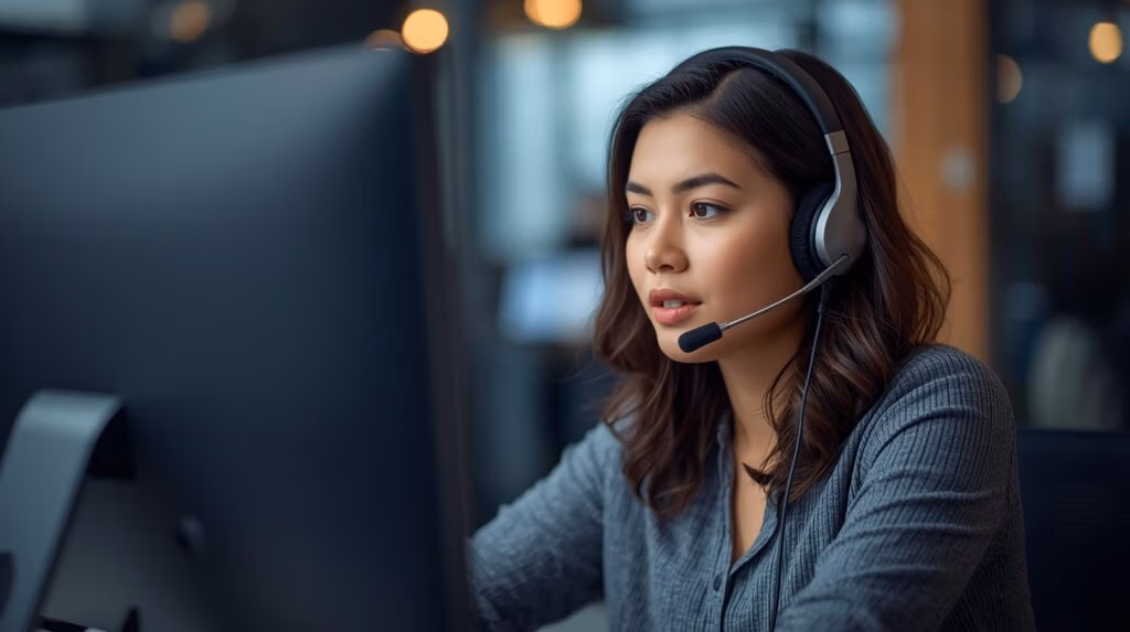 erstelle ein bild einer frau am schreibtisch mit headset und computermonitor, die spricht